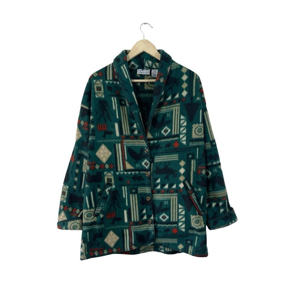 Northern Isles Large Button Fleece Jacket Moose Bear Trees Nature Womens READ